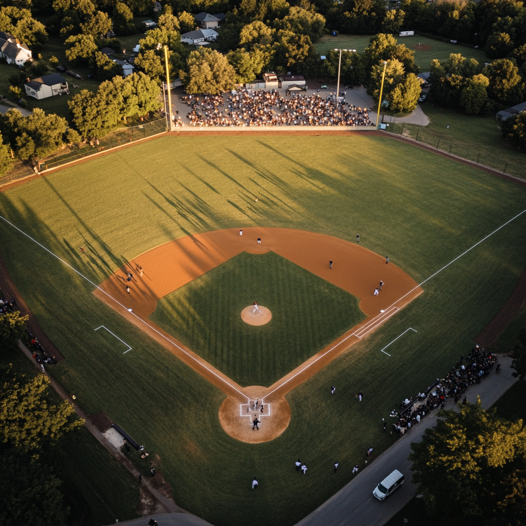 Aerial view of a baseball field with players and spectators